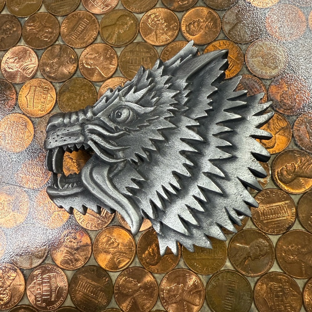 BLK-LTD pewter Dire Wolf belt buckle.